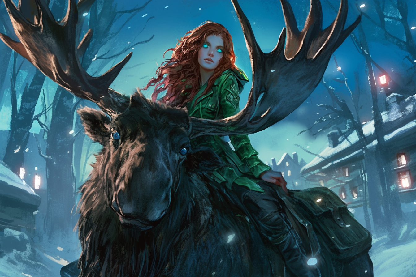 Woman with long auburn hair on monstrous moose in stormy town.