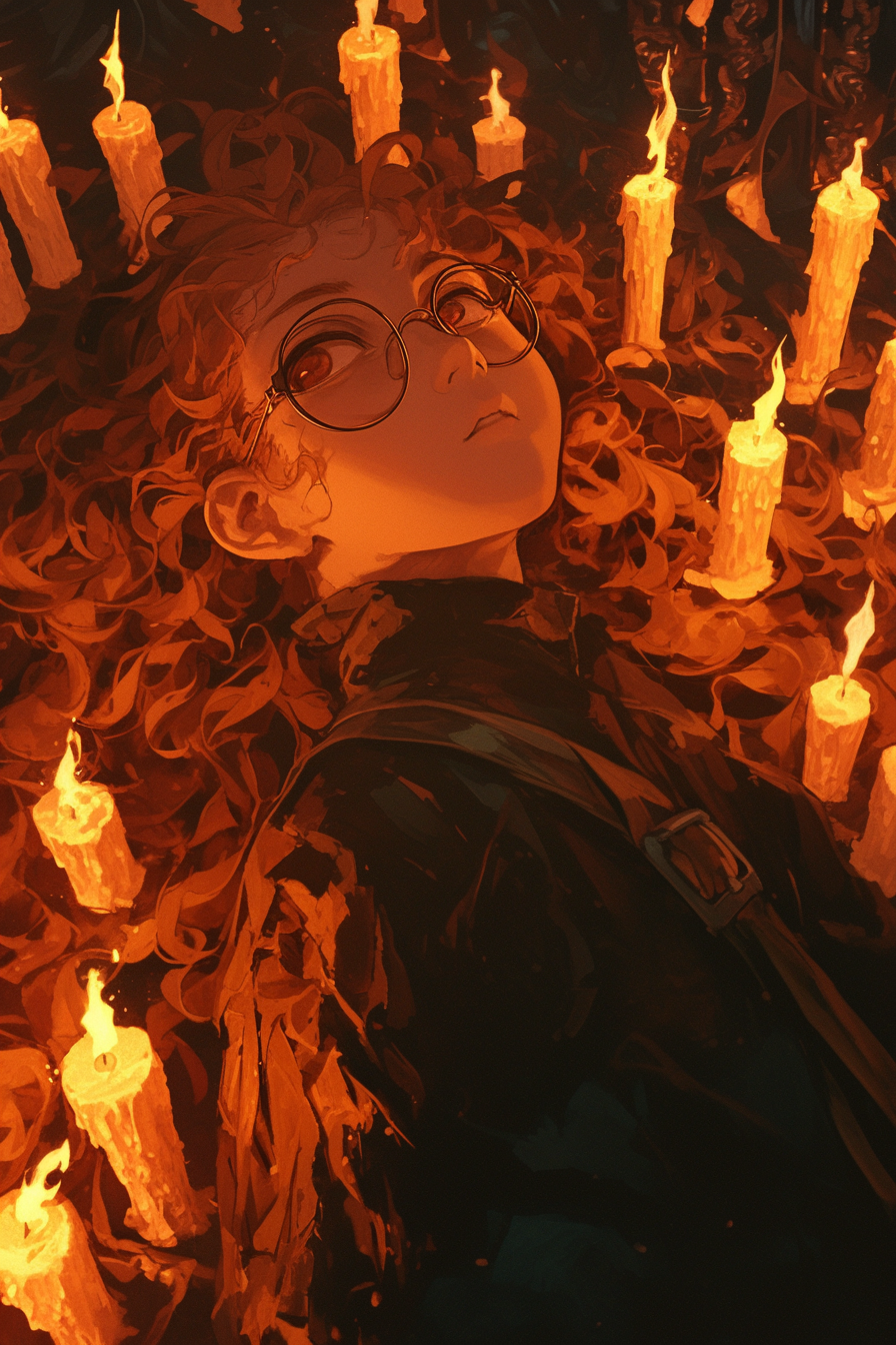 Woman with red hair and glasses surrounded by burning candles.