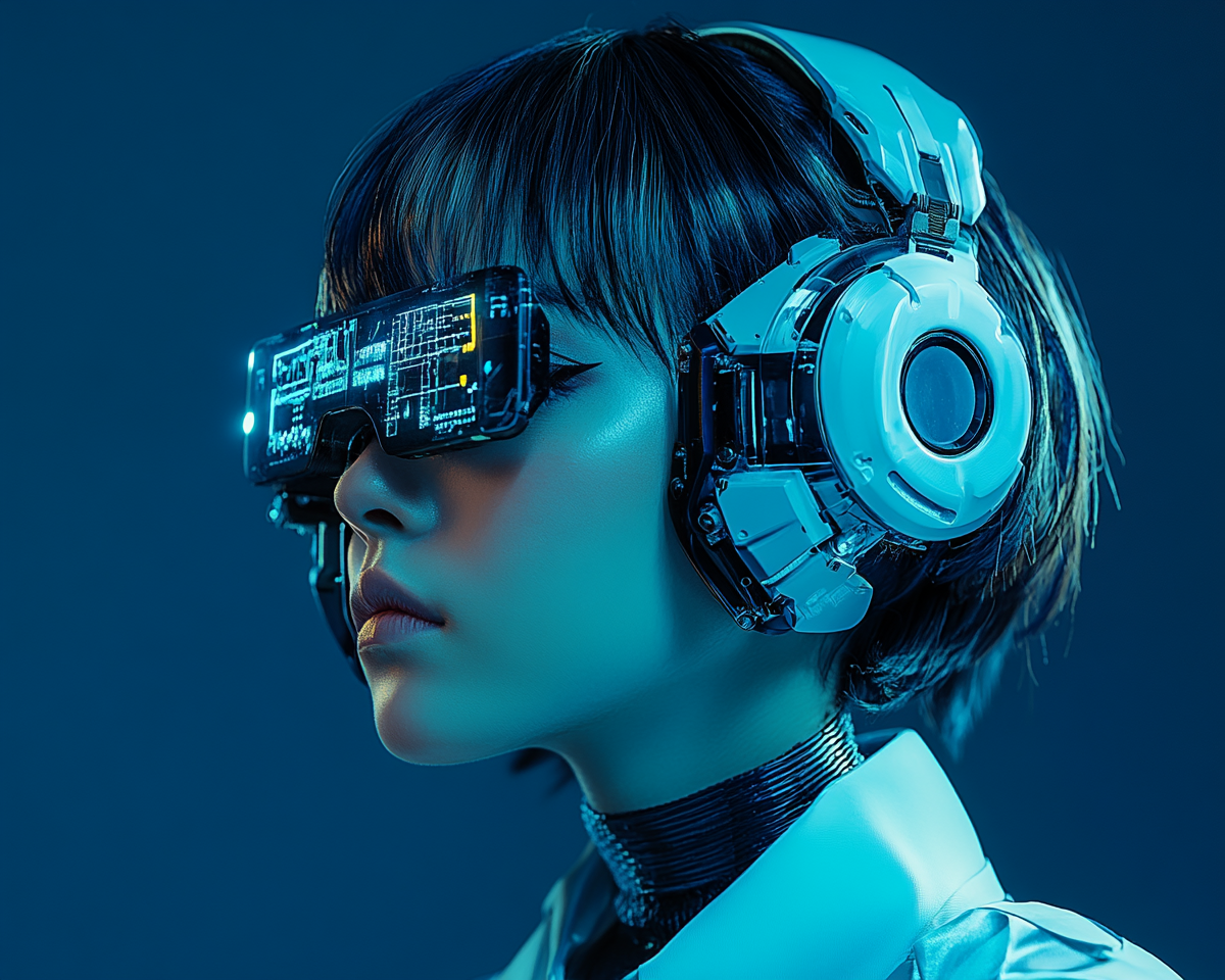 Woman with short hair wearing tech accessories, white shirt.