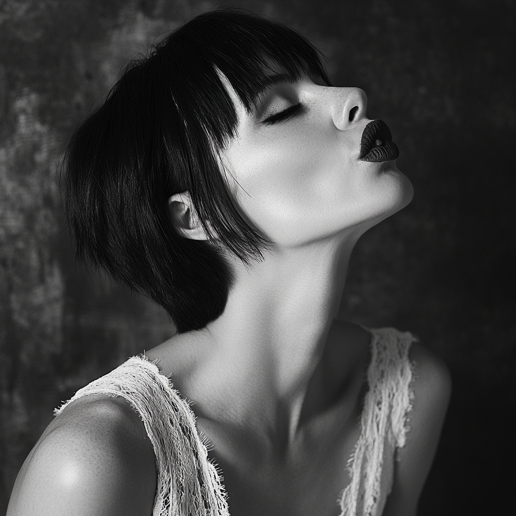 Woman with unique black and white hairstyle, blowing kiss.