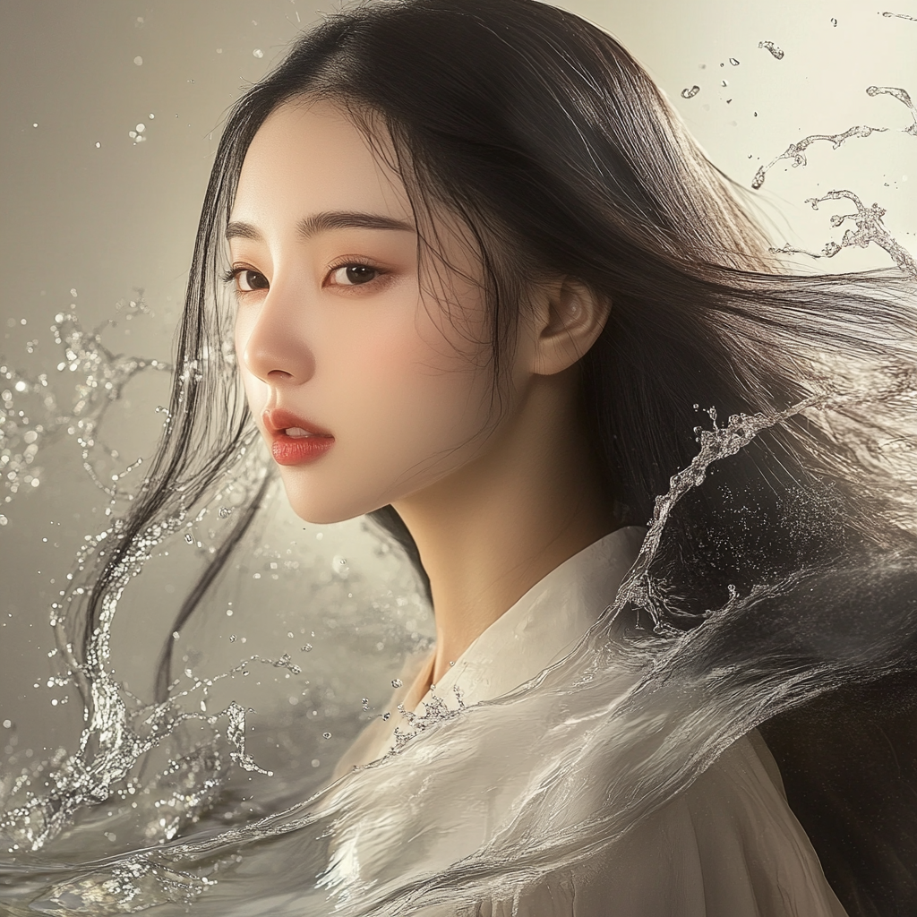 Woman with water waves, smooth skin, long hair.