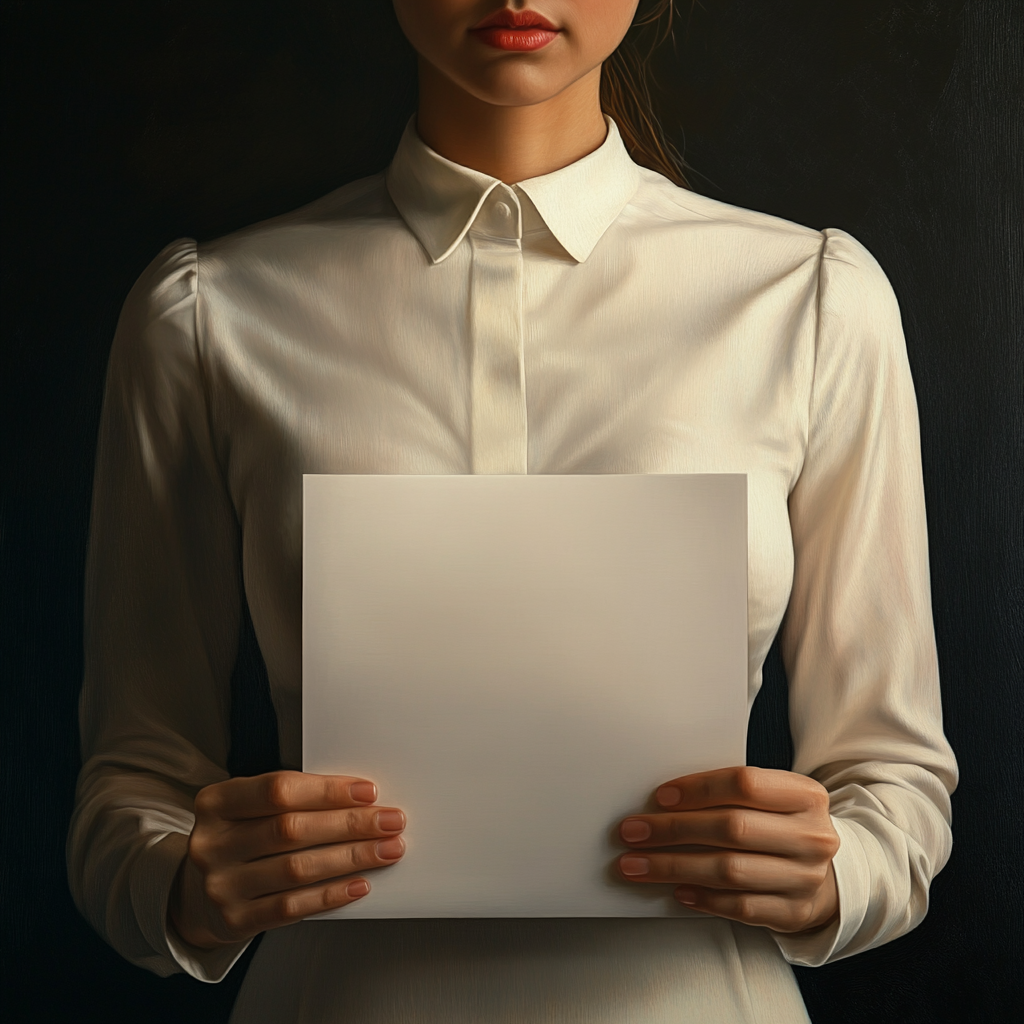 Woman with white dress and paper in hands.