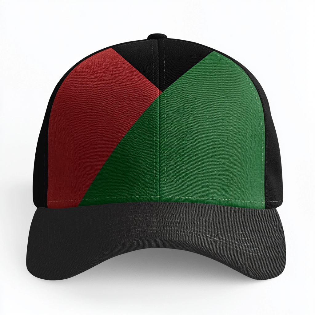 Women's cap with flag design, red triangle, green, black.