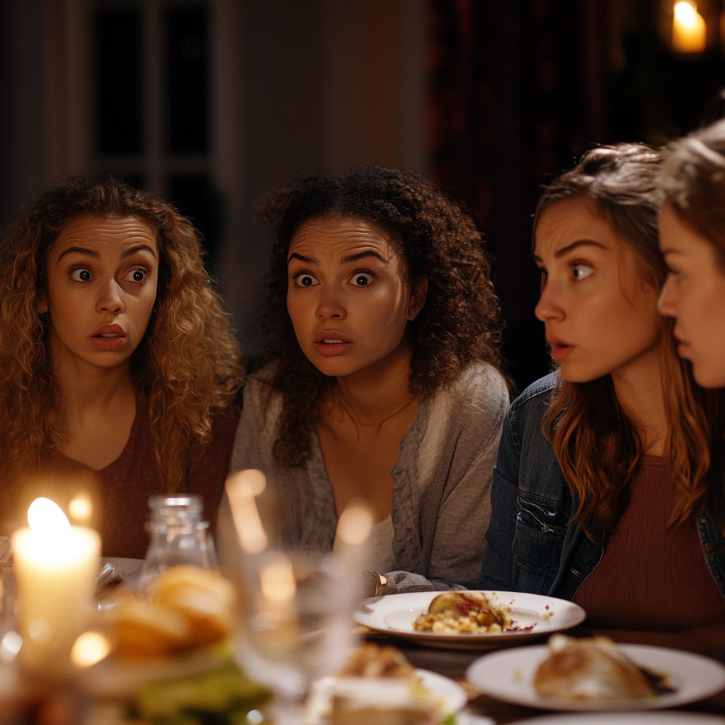 Women at dinner with shocked, offended expressions