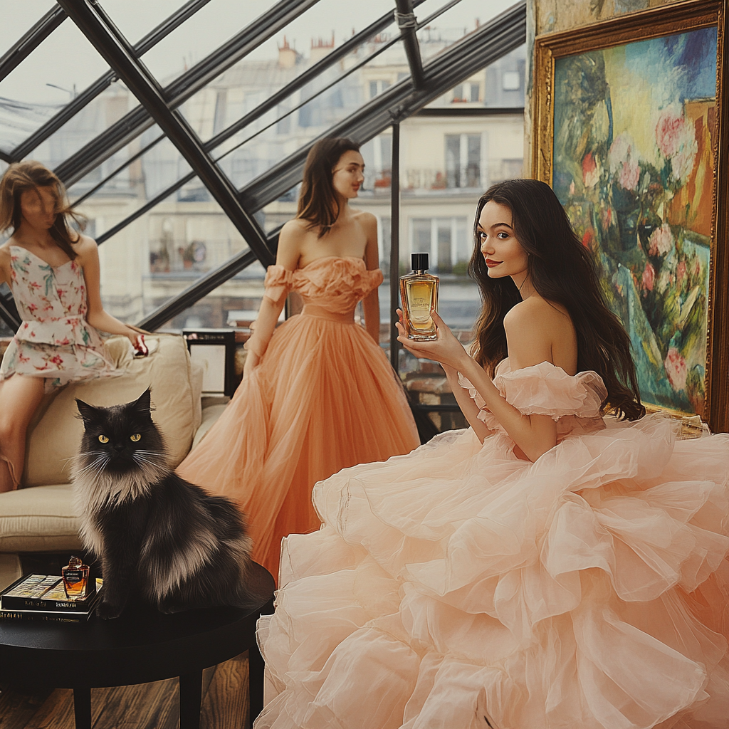 Women dancing in loft with glass roof and paintings.