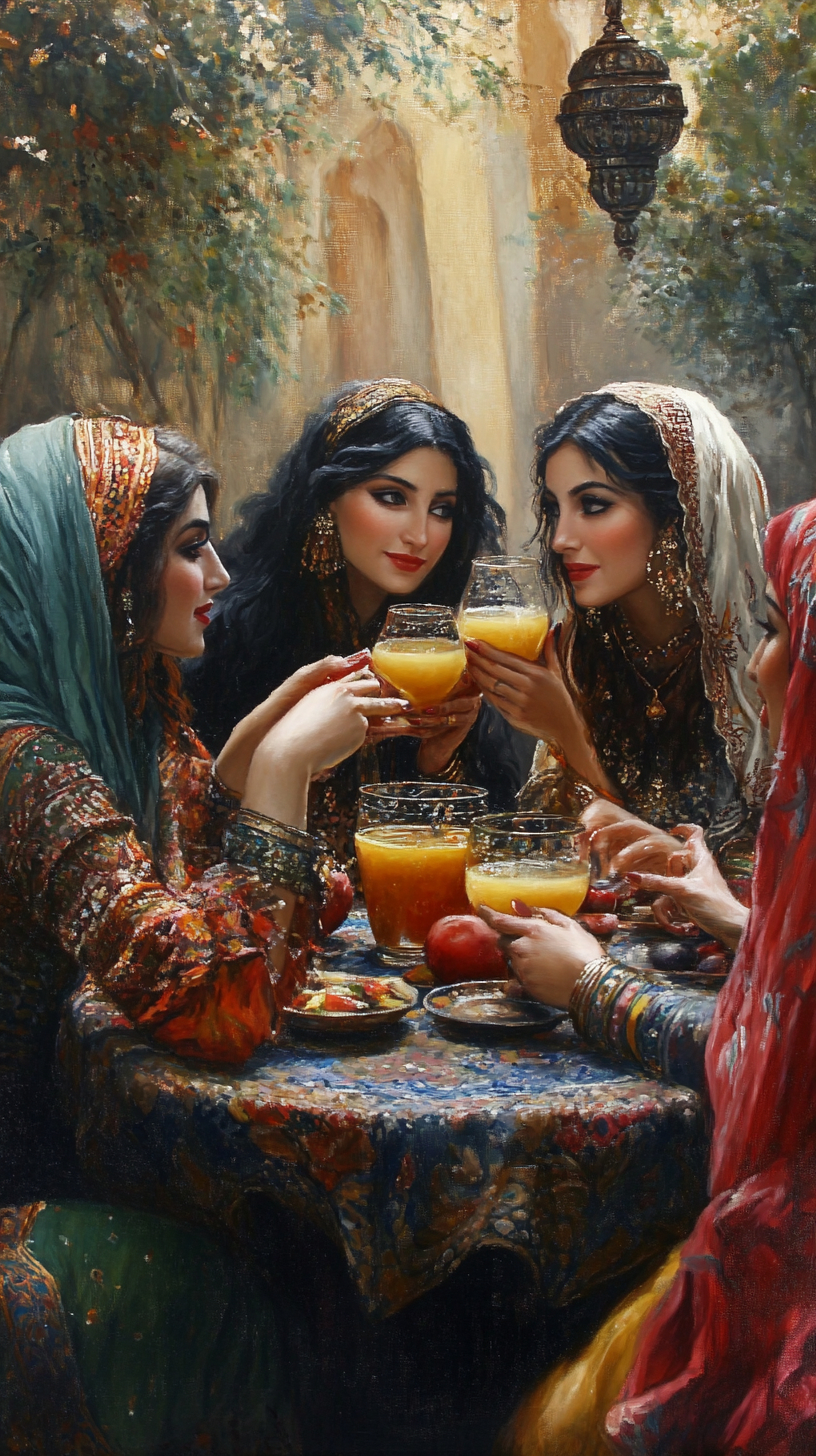 Women drinking soursop juice in ancient Persian setting.