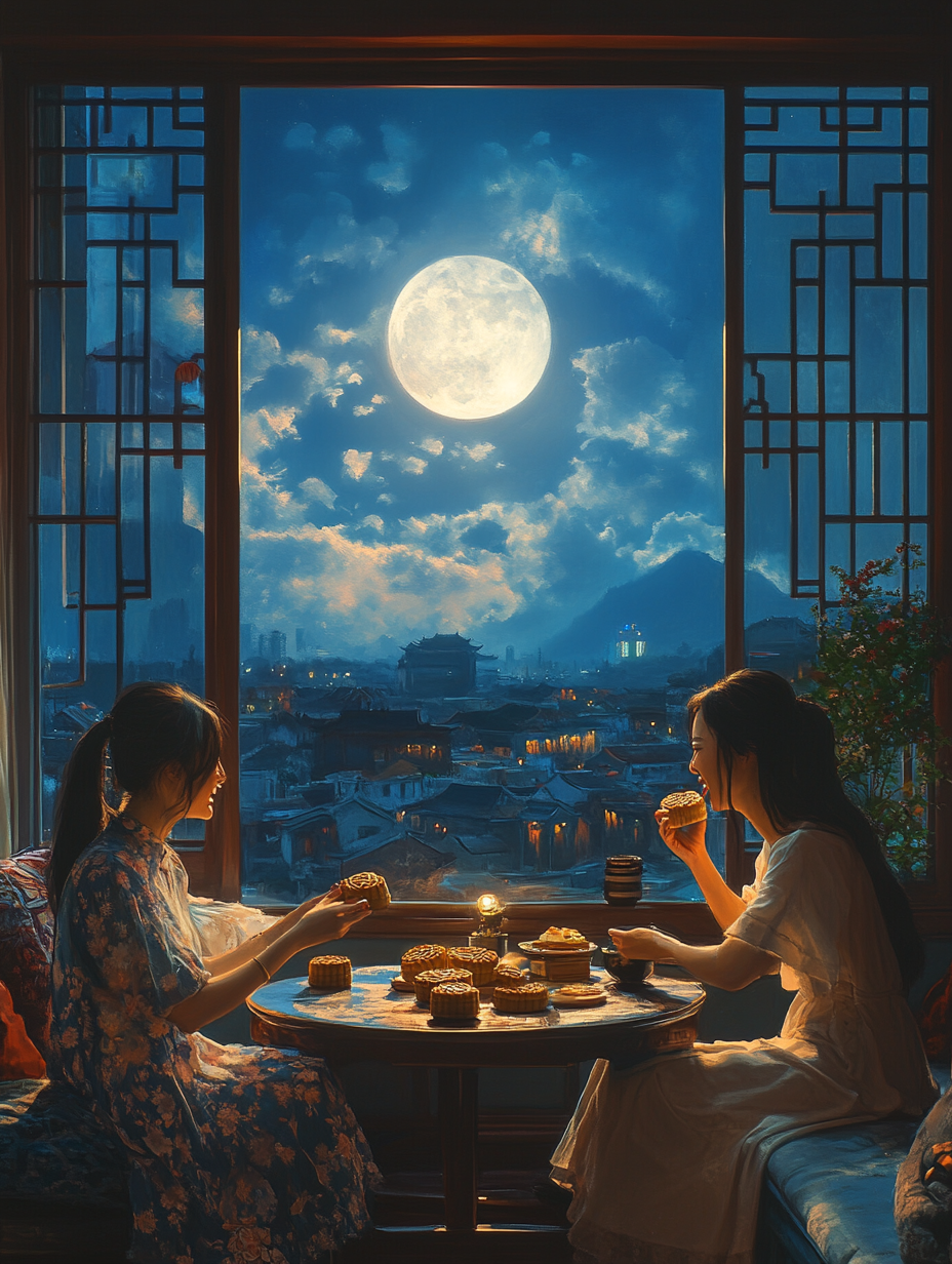 Women enjoying Mid-Autumn Festival in modern room