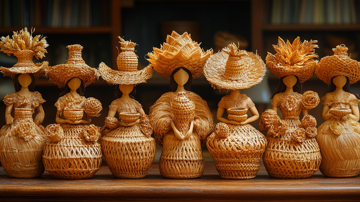 Women from North Brazil with intricate straw vases.