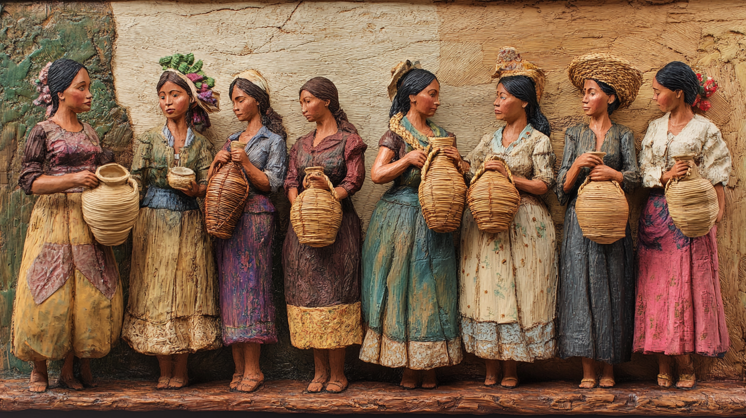 Women from Northern Brazil hold detailed straw pottery.