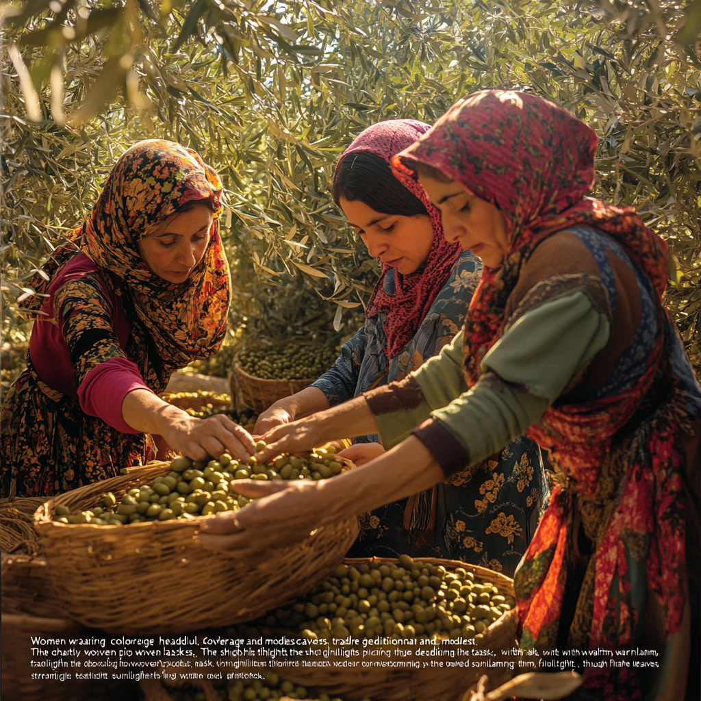 Women happily picking olives in traditional clothes.