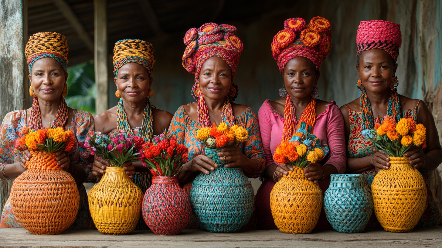 Women holding intricate pots in Brazilian city scene.