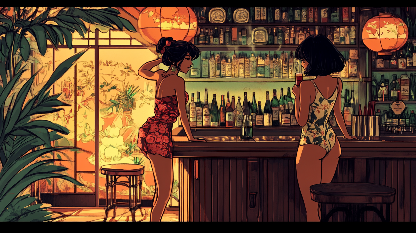 Women in Paris bar with Japanese decor.