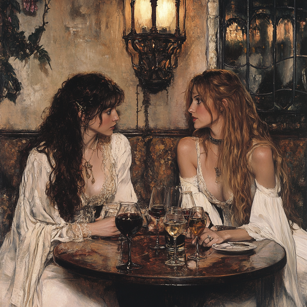 Women in white dresses look at each other intently.