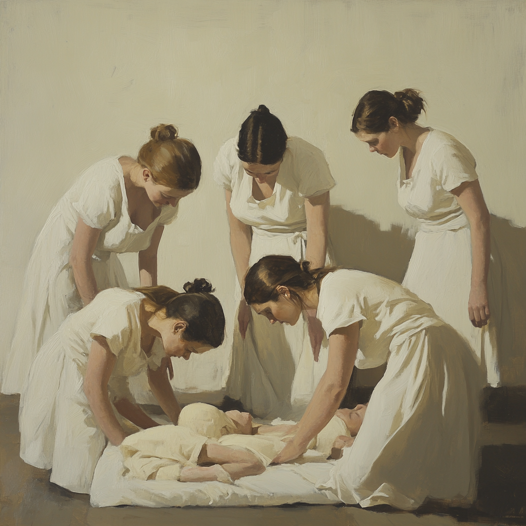 Women in white linen mimic still life objects.