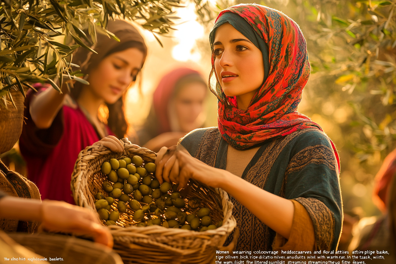 Women joyfully picking olives in traditional attire.