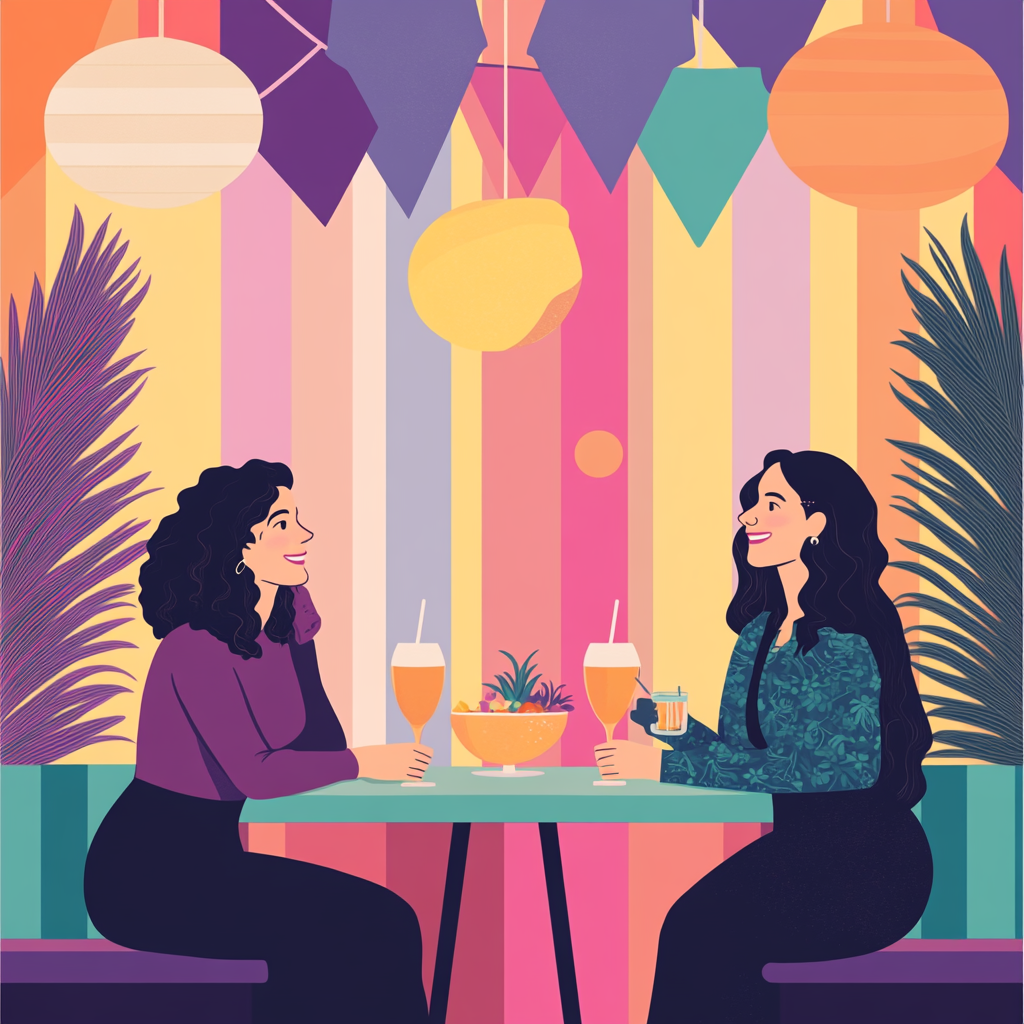 Women laughing & connecting, soft lighting, LGBT flags, elegant drinks.