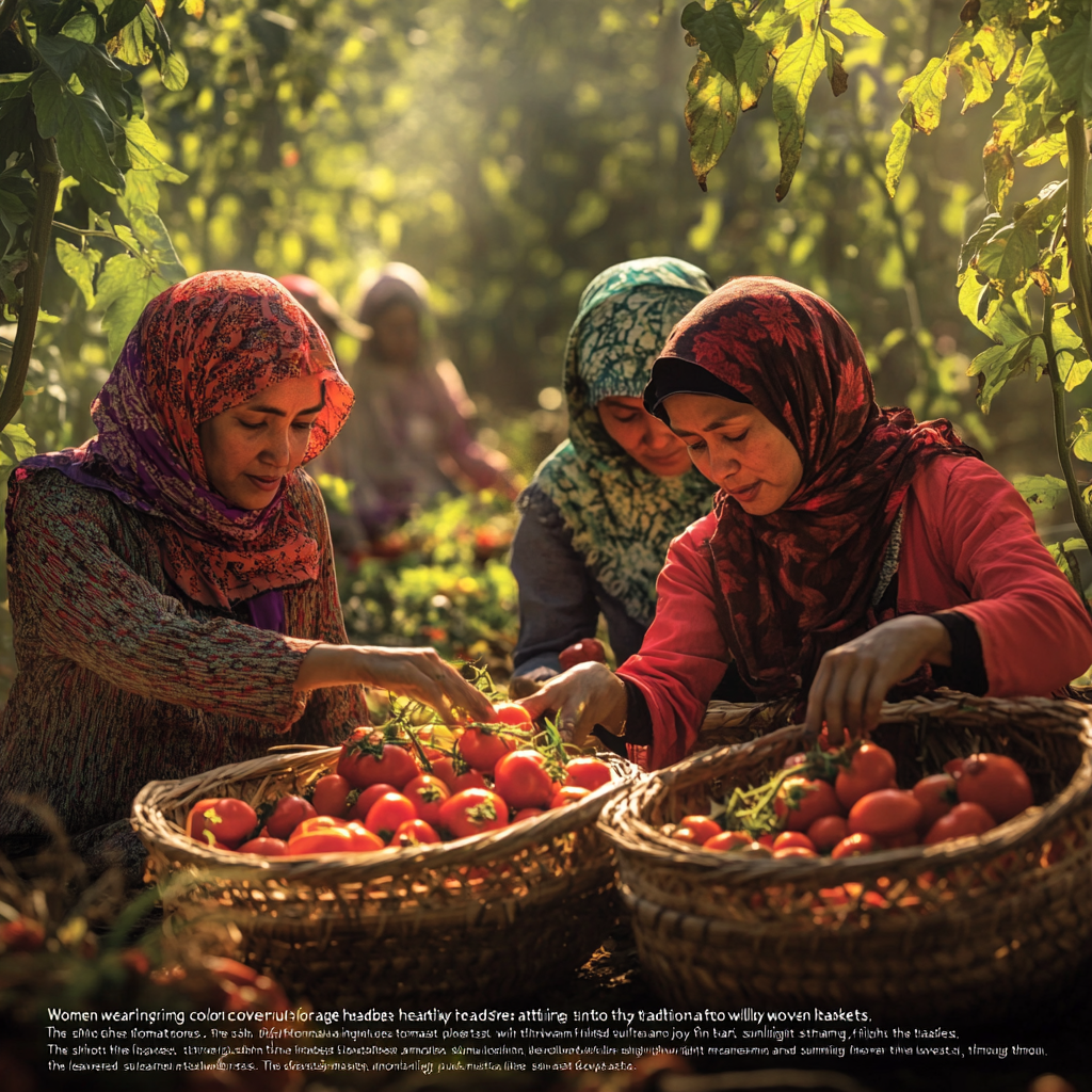 Women picking tomatoes, wearing headscarves and traditional attire