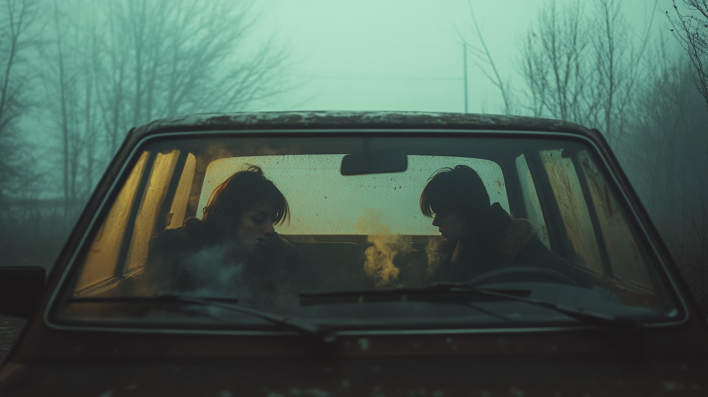 Women smoking in old Trabant car, East Berlin