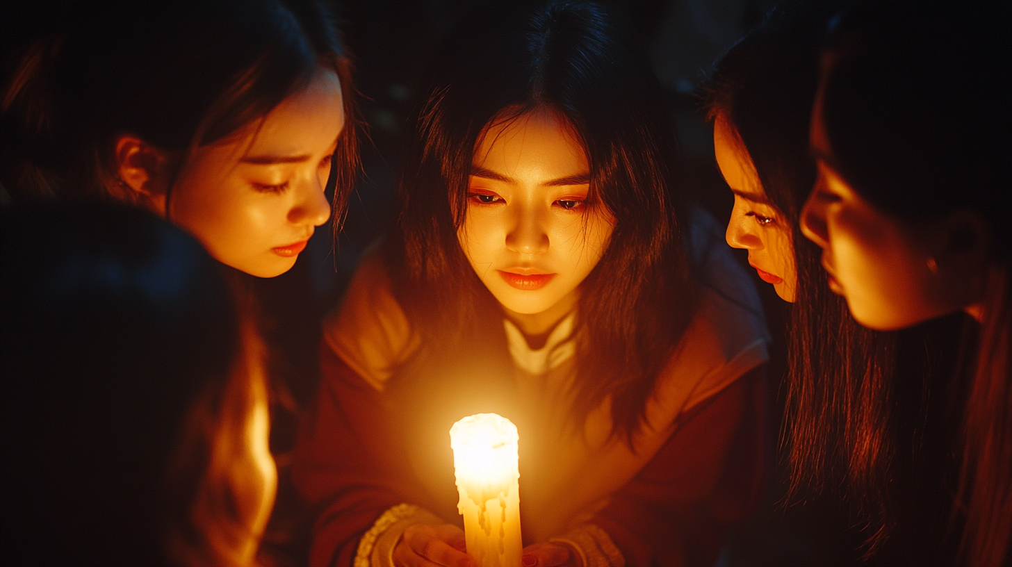 Women surrounding woman holding candle in dark room.