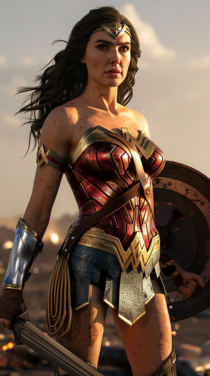 Wonder Woman standing on battlefield at sunrise, ready for battle