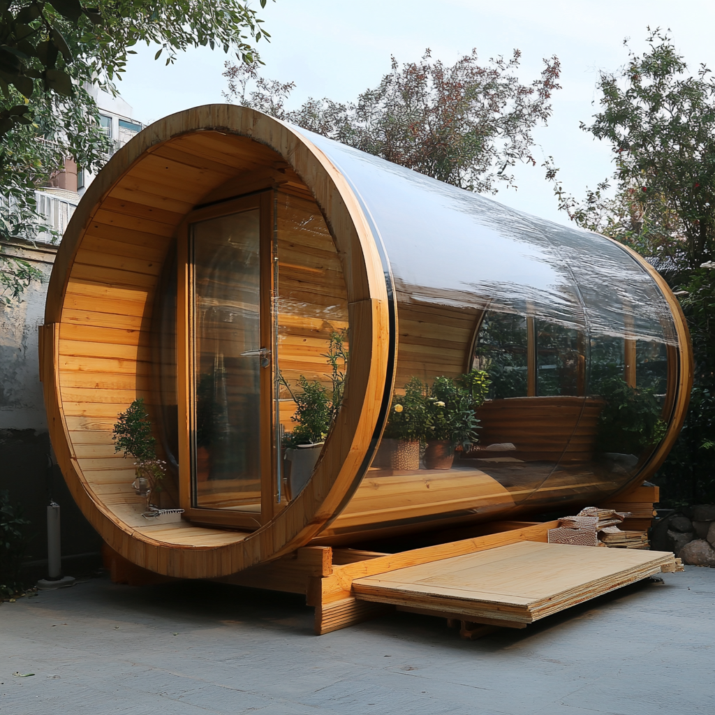 Wood cylinder structure with plastic roof sheets and sliding door.