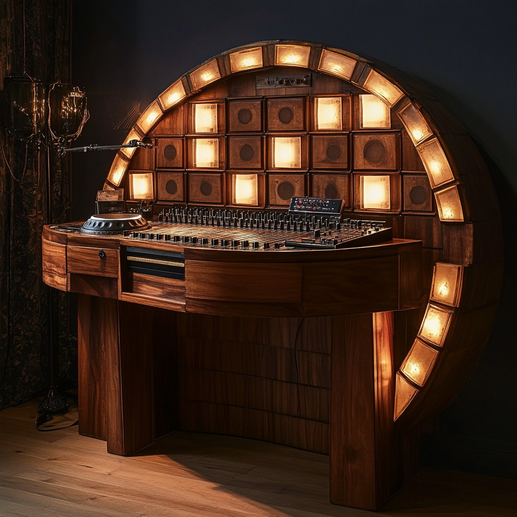 Wooden DJ booth with vintage lights on music stage.