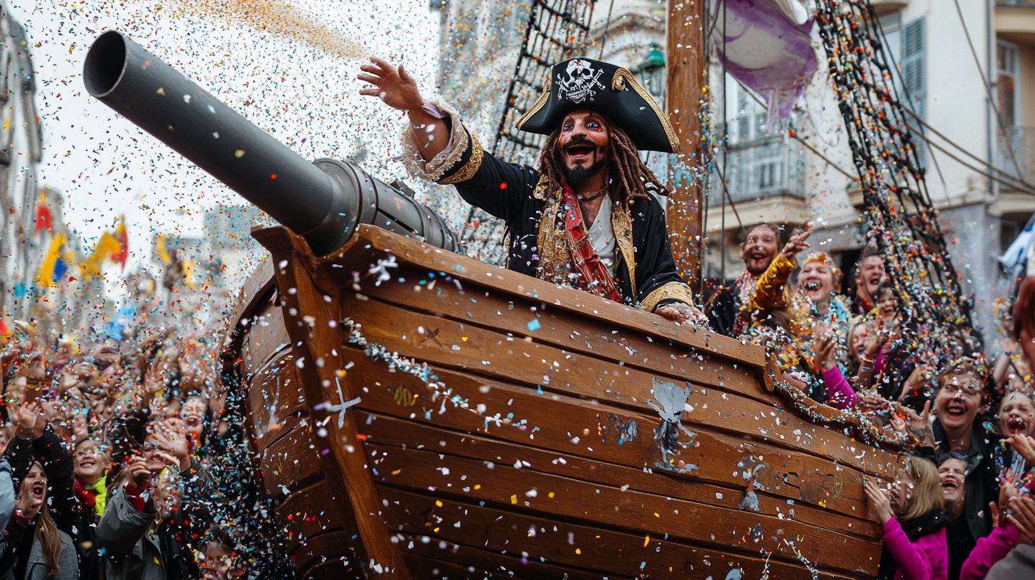 Wooden Pirate Ship at Carnival Shooting Confetti