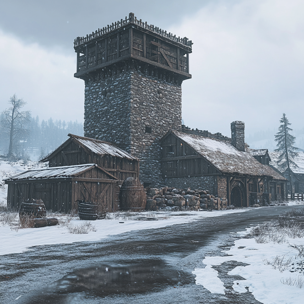 Wooden Tavern Around Old Stone Tower on Snowy Day