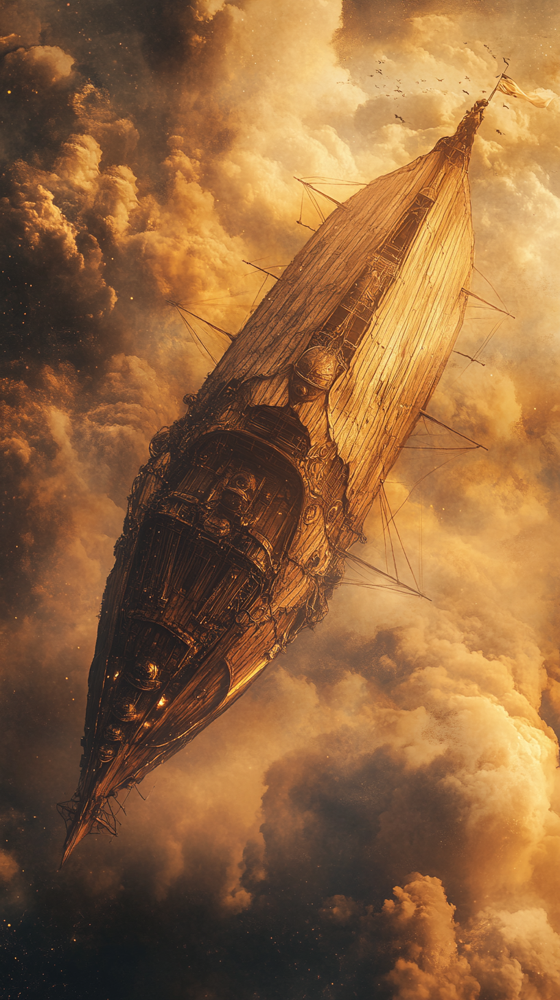 Wooden airship flying through misty clouds in fantasy art.