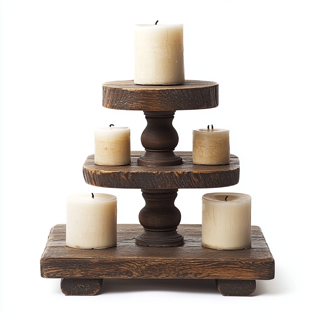 Wooden board with raised tiers for displaying candles.