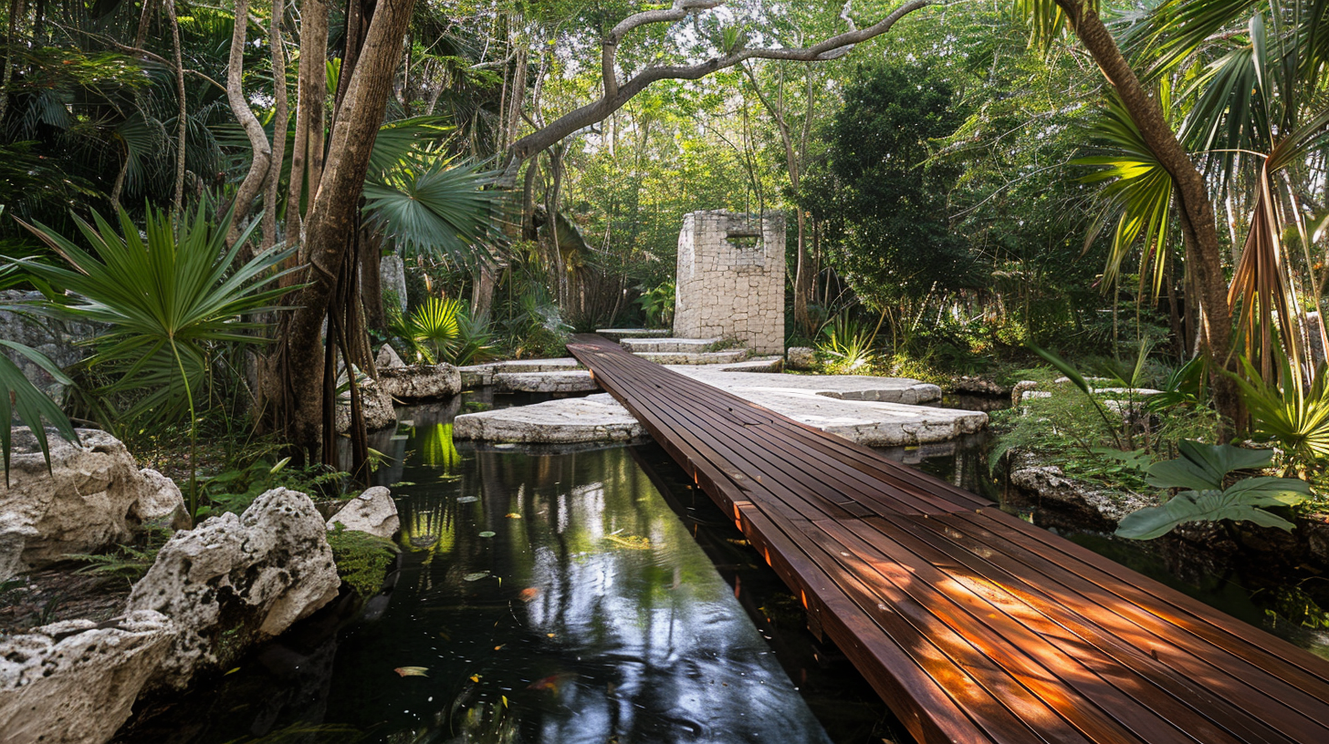 Wooden boardwalk crossing flooded white stone plaza in jungle.