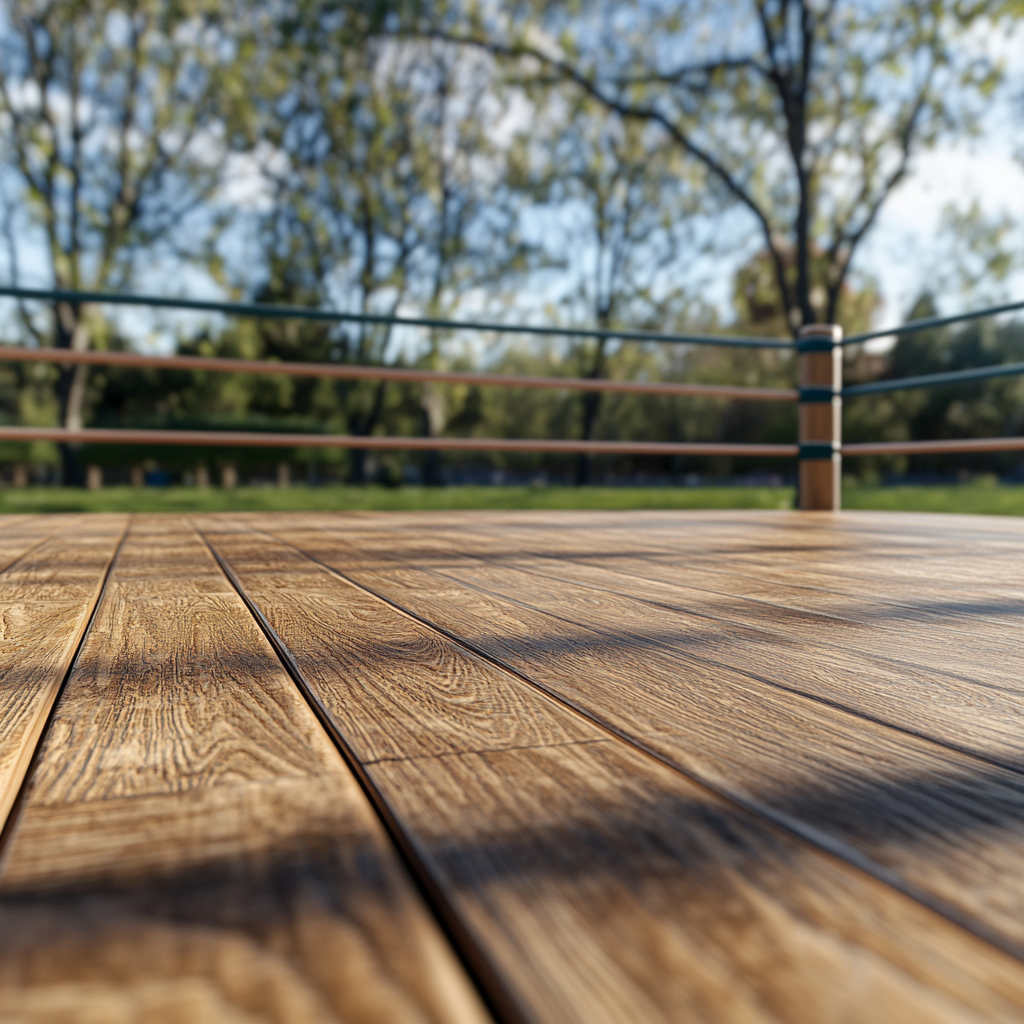 Wooden boxing ring on bright sports field