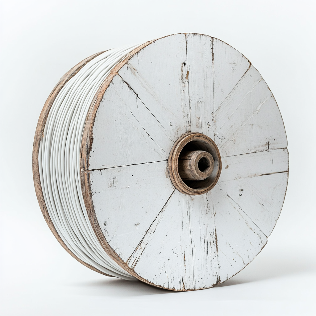 Wooden cable spool with neatly coiled cables, rustic texture.