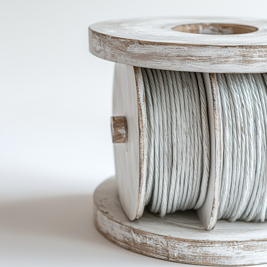 Wooden cable spool wrapped in white cables, rustic texture.