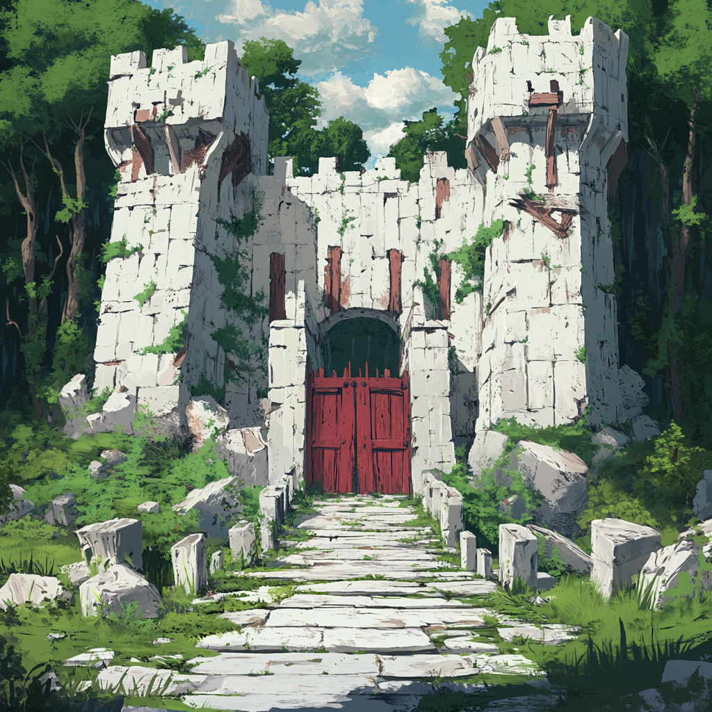 Wooden castle with red gate in forest.