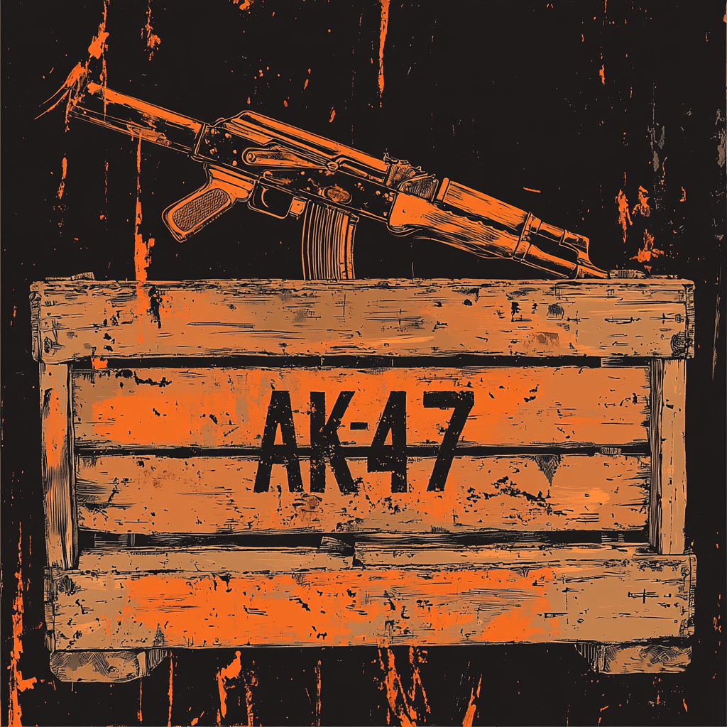 Wooden crate design with 'AK-47' text, refined textures, metallic sheen.