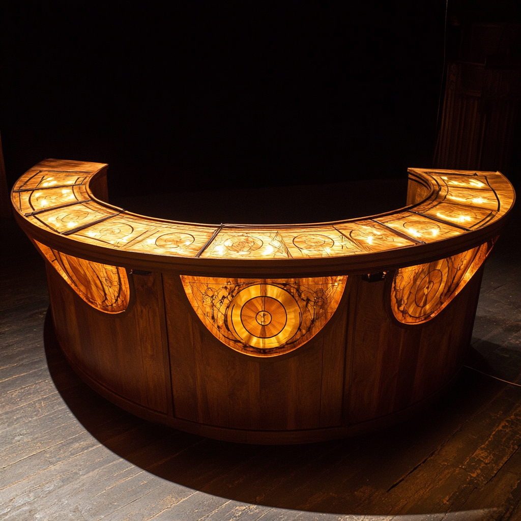 Wooden furniture with inlaid lights on music stage.