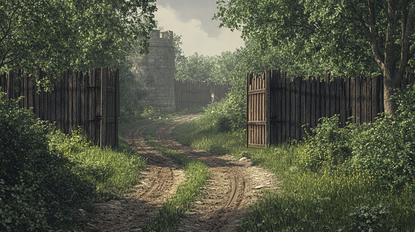 Wooden gates block dirt road through medieval village.