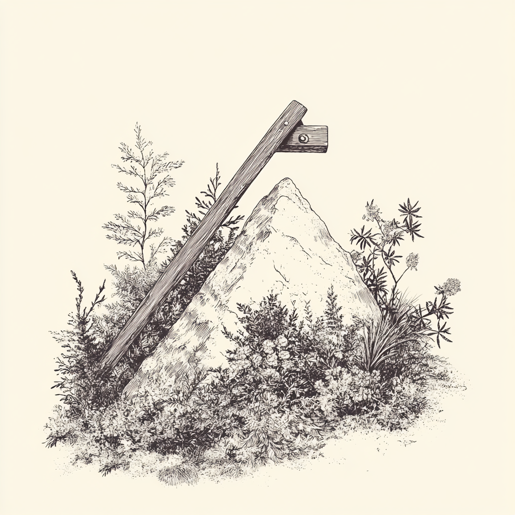 Wooden lever balancing on triangular mountain with trees.