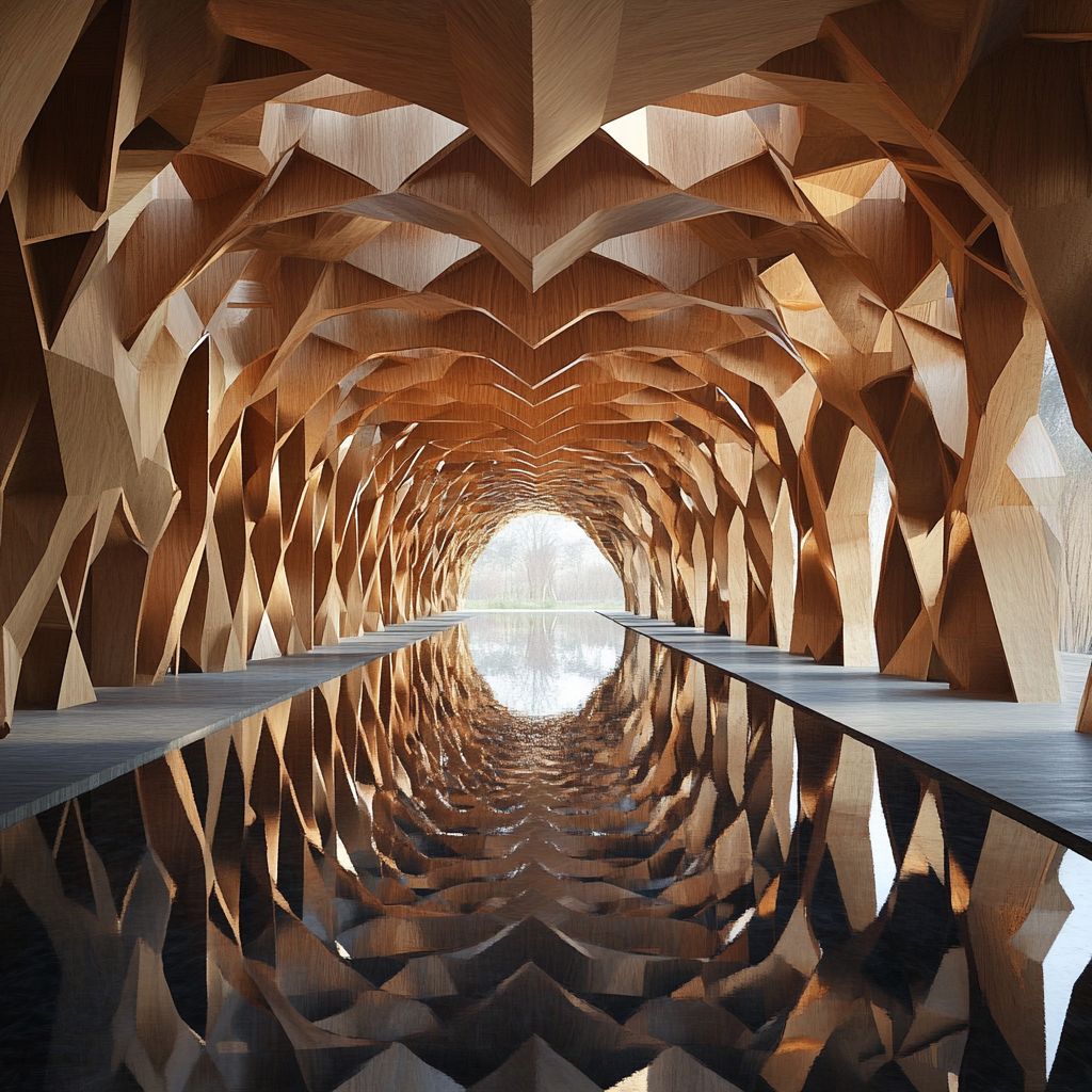 Wooden triangular pavilion with woven cords and reflective floor.