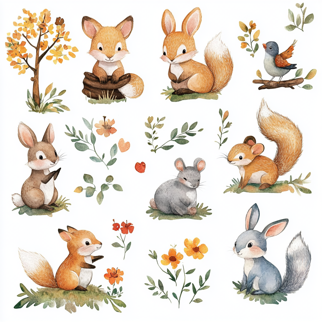 Woodland creature clipart with bunnies, foxes, deer, and more.