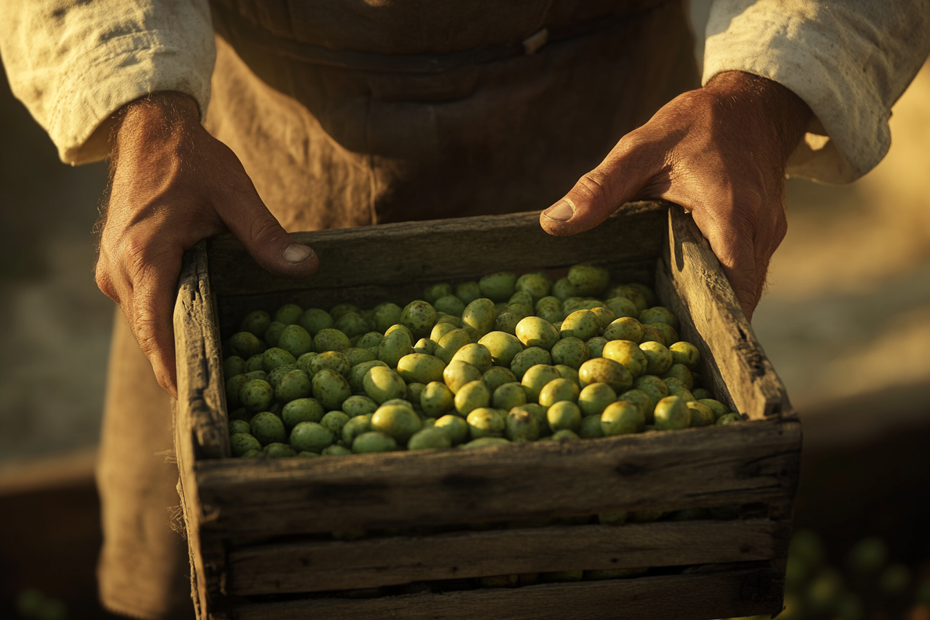 Worker's hands lifting small wooden crate of olives