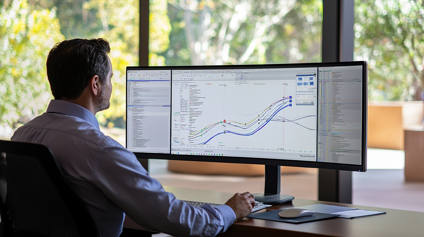 Worker analyzes data on computer screen, bright light