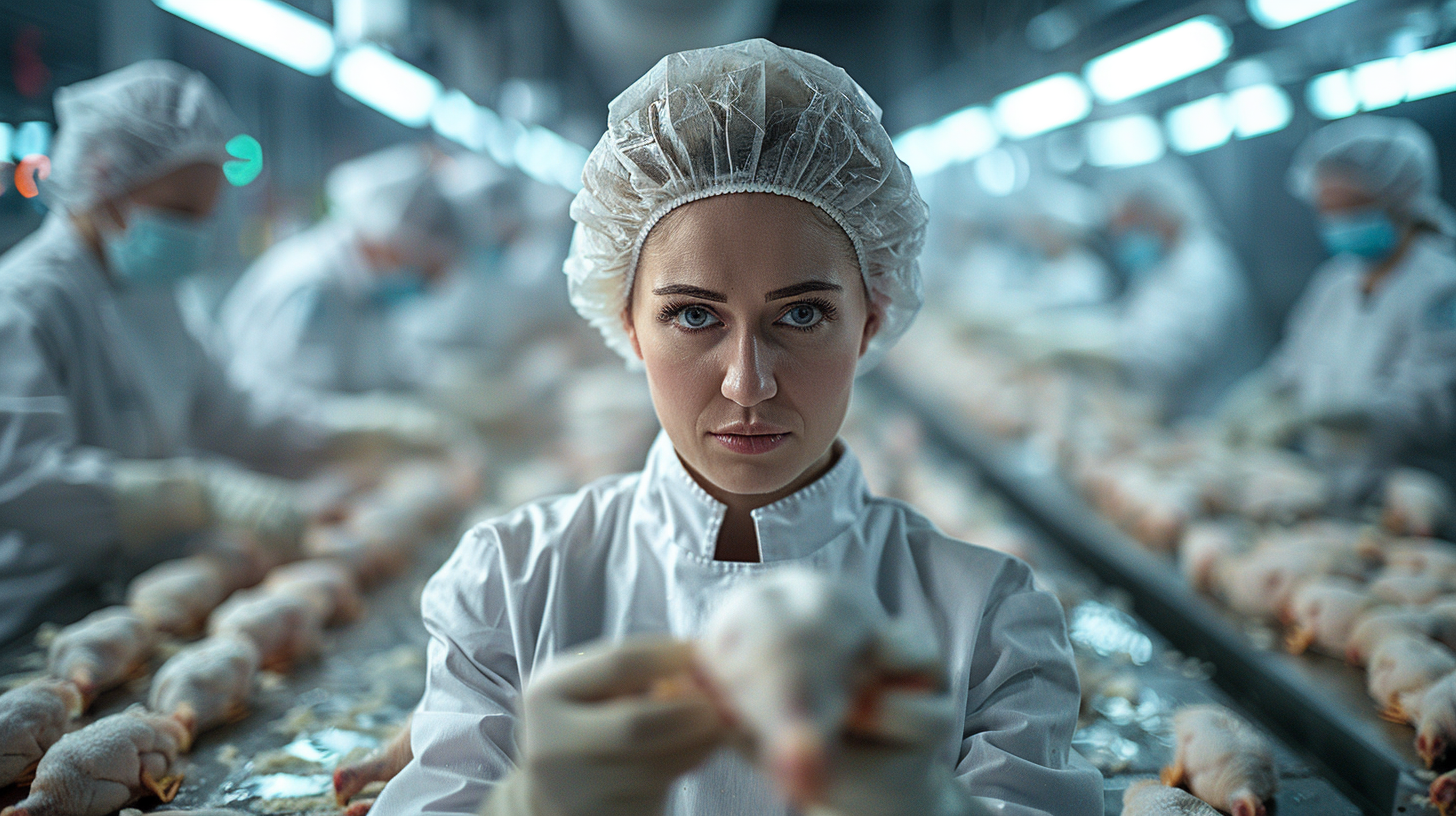 Worker in factory processing line handling chickens carefully.