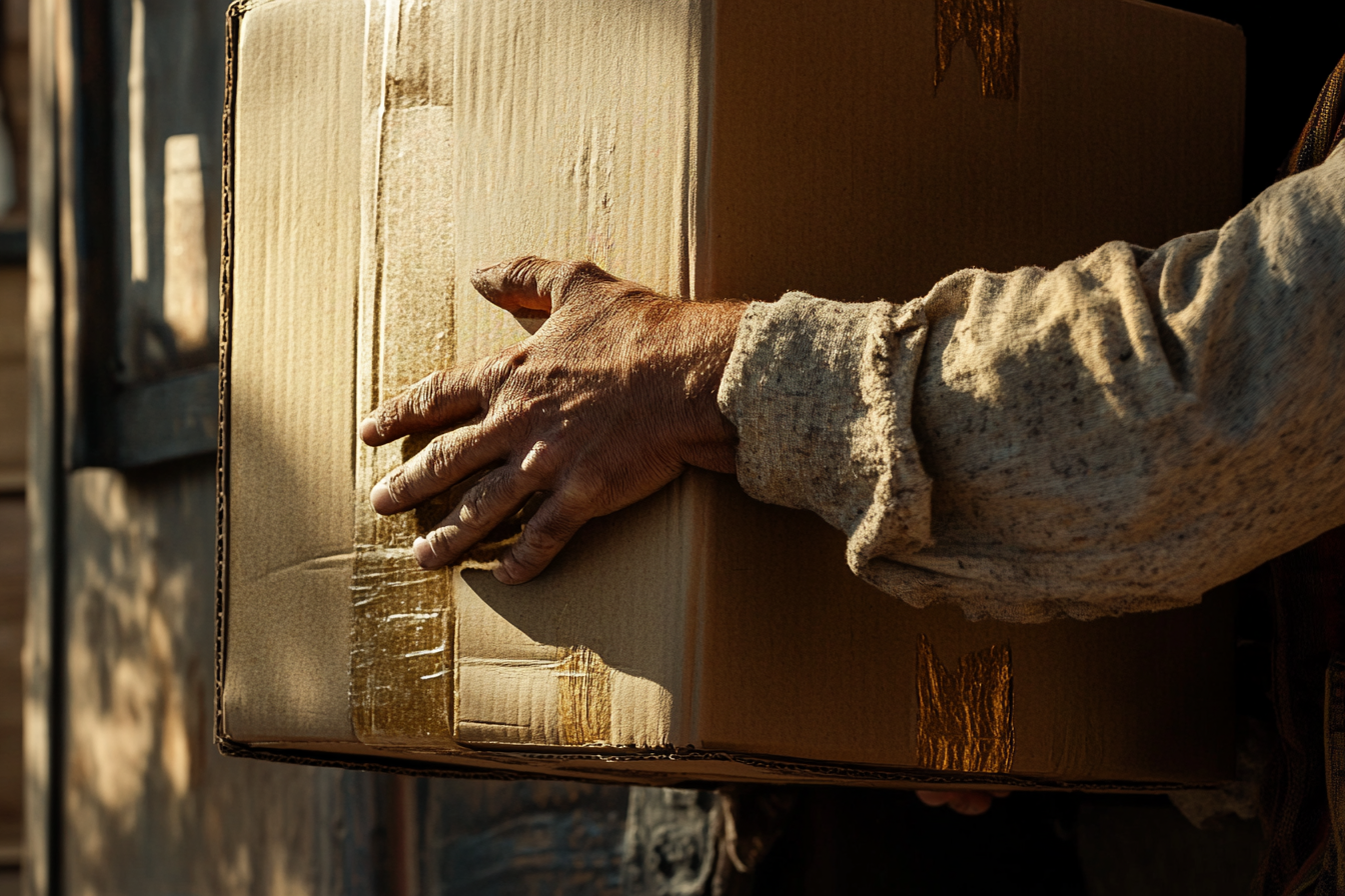 Worker lifting box into truck under warm sunlight.