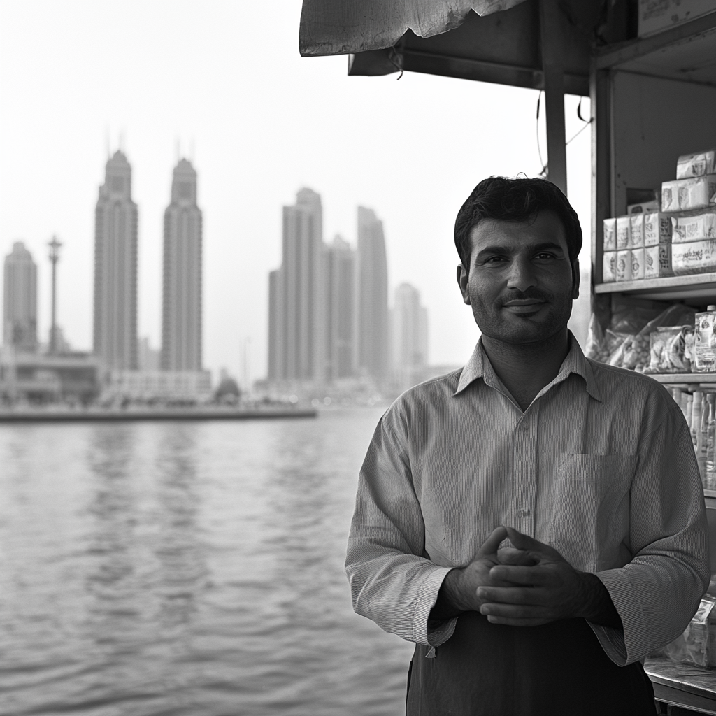 Worker stands near Dubai's Marine Drive - Serene Smile