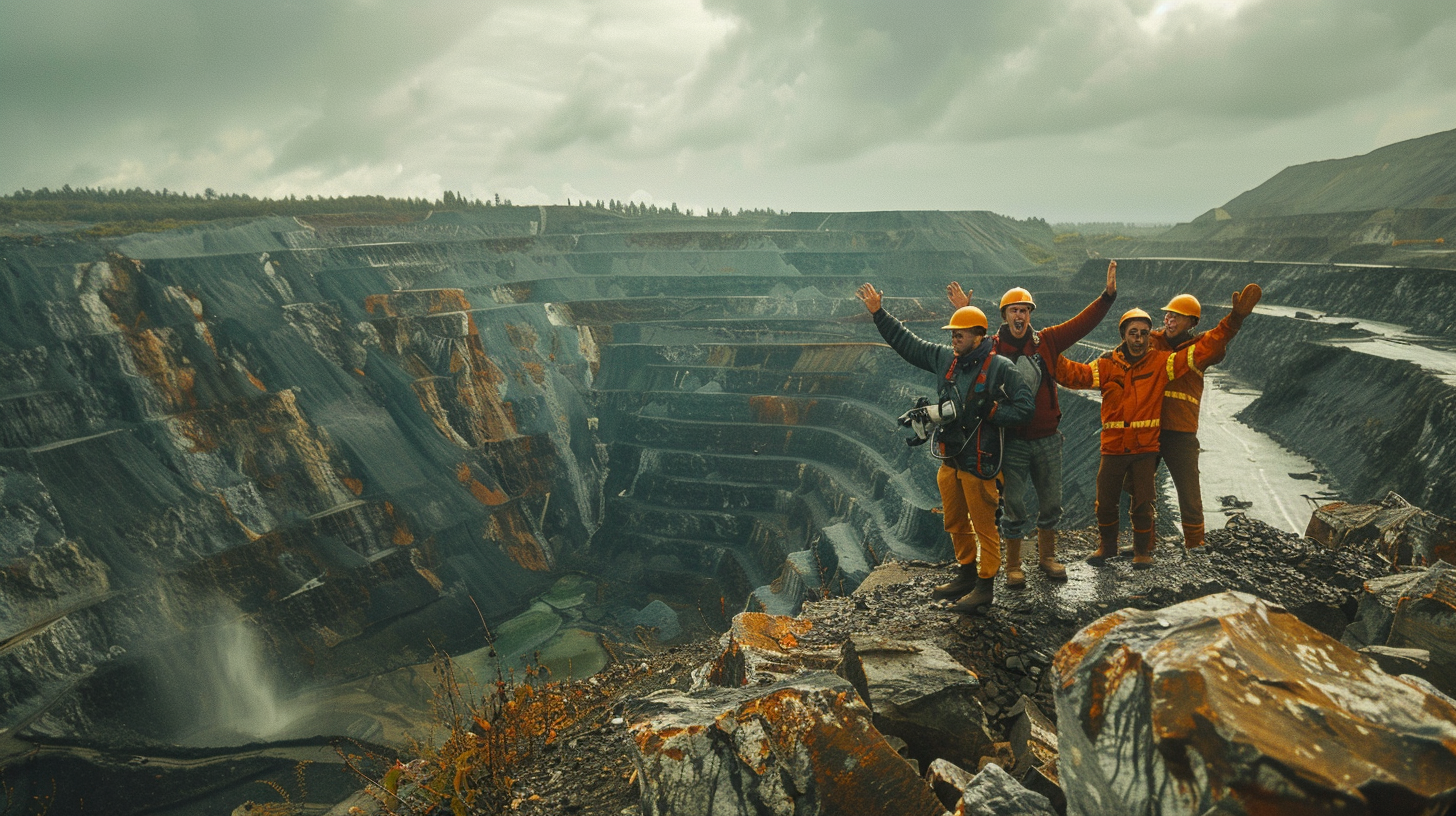 Workers and Belaz on hilltop in quarry.