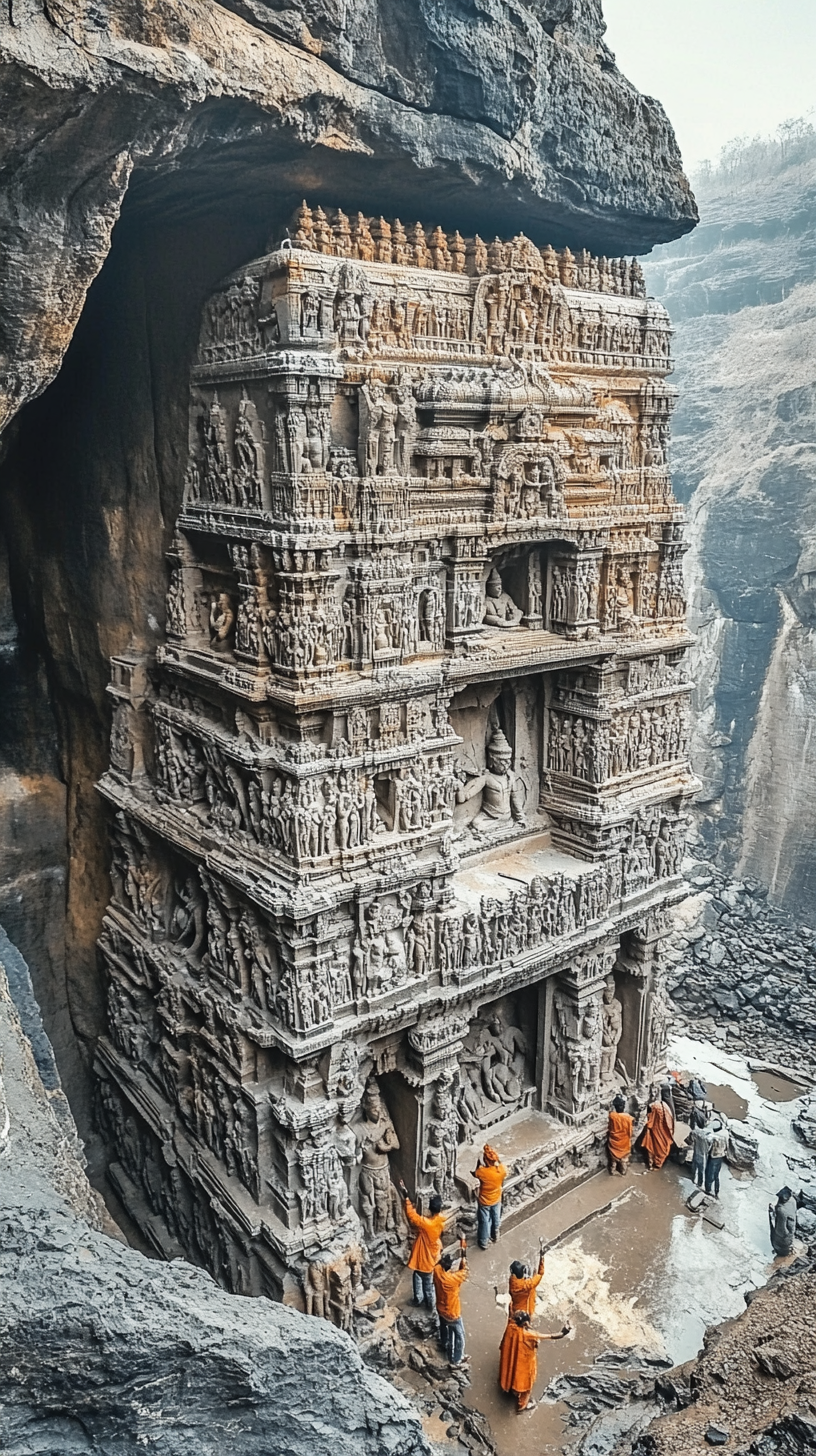 Workers carving a mountain rock to make a temple.