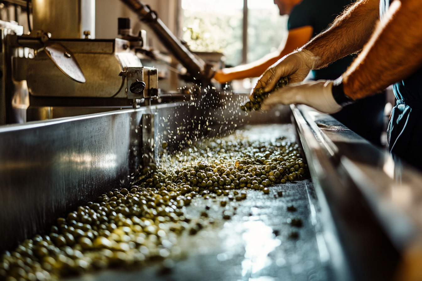 Workers feed olives in a shiny crusher.