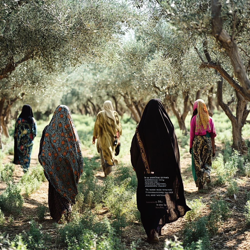 Workers in Iranian olive grove, traditional clothing, unity